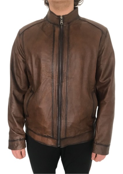 Gerçek Deri Spor Kesim Hakim Yaka Erkek Deri Mont