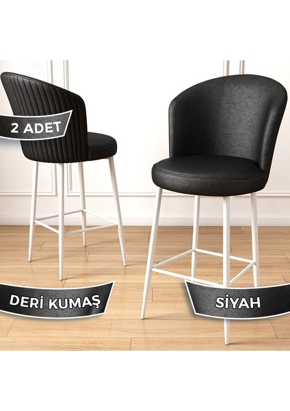 Uras Serisi 2 Adet Deri Bar Sandalyesi Deri Ada Mutfak Sandalyesi Beyaz Metal Ayaklı