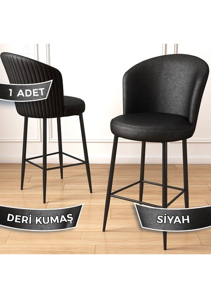 Uras Serisi Deri Bar Sandalyesi Deri Ada Mutfak Sandalyesi Siyah Metal Ayaklı