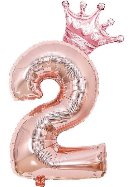 2 Rose Gold Rakam ve Kral Tacı Folyo Balon Doğum Günü Parti Kutlama Seti
