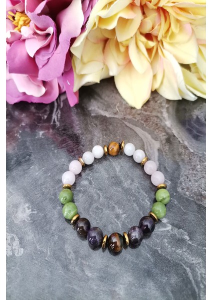 Ikizler Burcu Doğaltaş Bileklik: Kaplangözü Hematit Yeşim Ametist Pembe Kuvars Ay Taşı