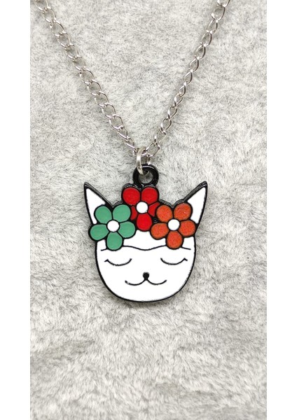 Mineli Çiçekli Kedi Kolye Model 4