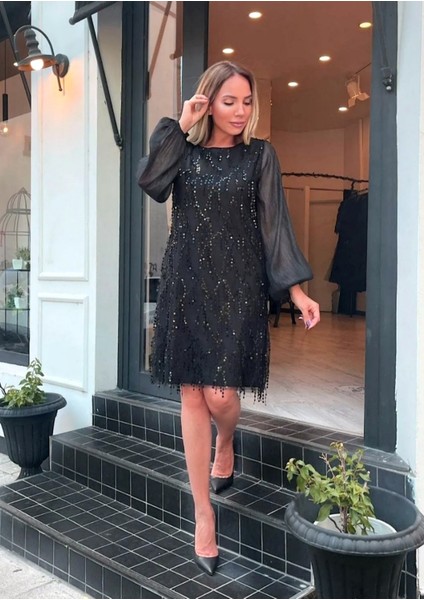 Siyah Pulpayet Büyük Beden Elbise Saçaklı,terend