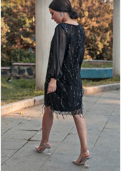 Siyah Pulpayet Büyük Beden Elbise Saçaklı,terend fiyatları