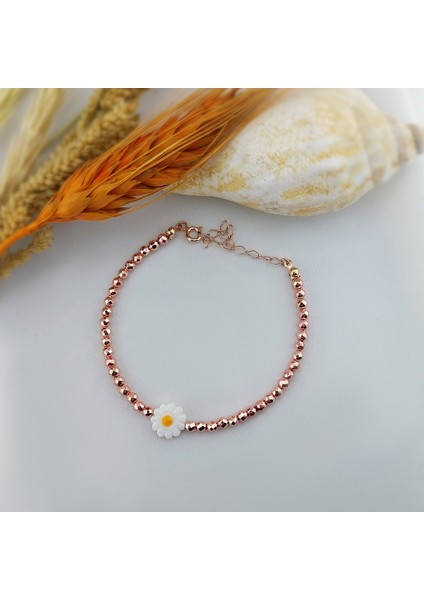 925 Ayar Gümüş Hematit Taşlı Rose Papatya Bileklik