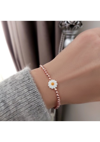 925 Ayar Gümüş Hematit Taşlı Rose Papatya Bileklik