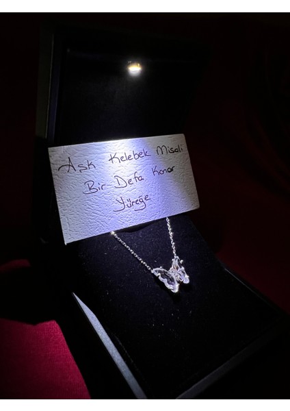 Işıklı Kutu ile Beyaz Taşlı Kelebek 925 Ayar Gümüş Kolye