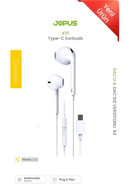 Type C Mikrofonlu Kulaklik Xiaomi Huawei Oppo General Mobile Uyumlu K51 Bond Beyaz