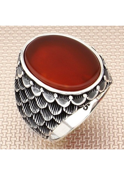 925 Ayar Gümüş Kırmızı Akik Taşlı Oval Sade Erkek Yüzük