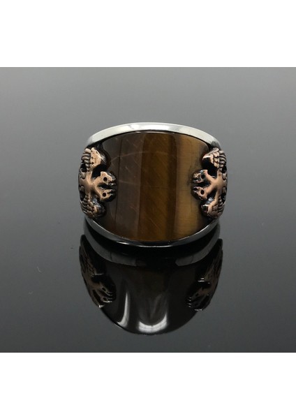 925 Ayar Gümüş Çift Selçuklu Kartalı Motifli Oval Kahverengi Kaplangözü Taşlı Taşlı Erkek Yüzük fiyatları