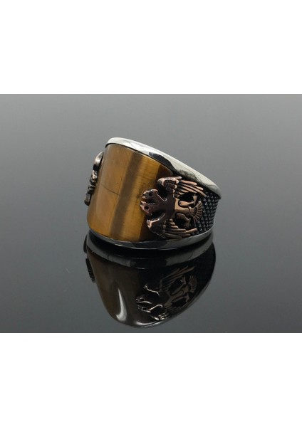 925 Ayar Gümüş Çift Selçuklu Kartalı Motifli Oval Kahverengi Kaplangözü Taşlı Taşlı Erkek Yüzük modelleri