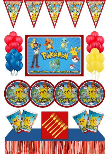 Pokemon Doğum Günü Konsepti Afişli 24 kişilik Masa Etekli Pokemon Doğum Günü Seti