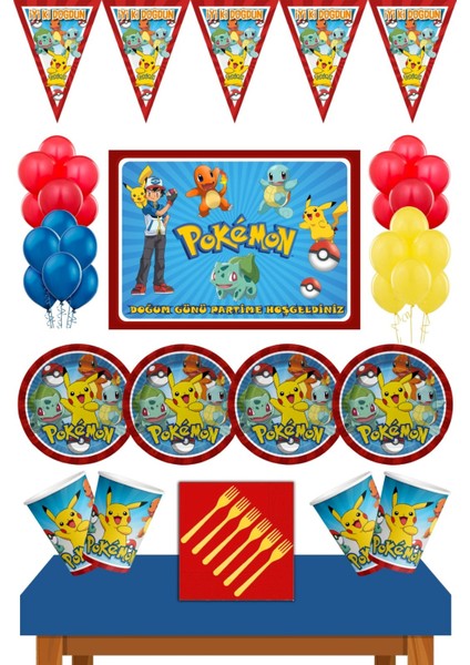 Pokemon Doğum Günü Konsepti Büyük Afişli 50X70 cm 40 Kişilik Pokemon Doğum Günü Seti