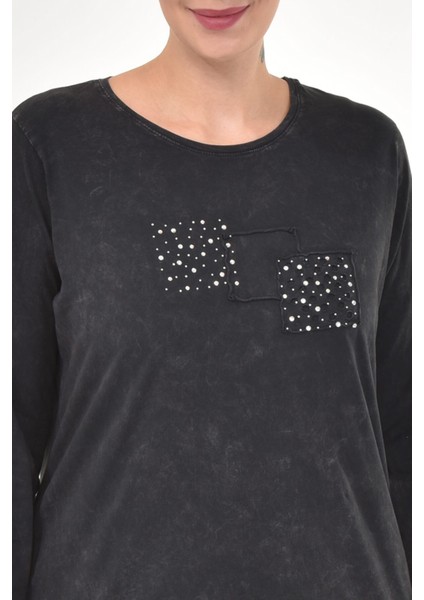 Büyük Beden İtalyan Yıkamalı Siyah Uzun Kolu Tshirt
