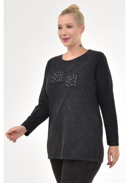 Büyük Beden İtalyan Yıkamalı Siyah Uzun Kolu Tshirt