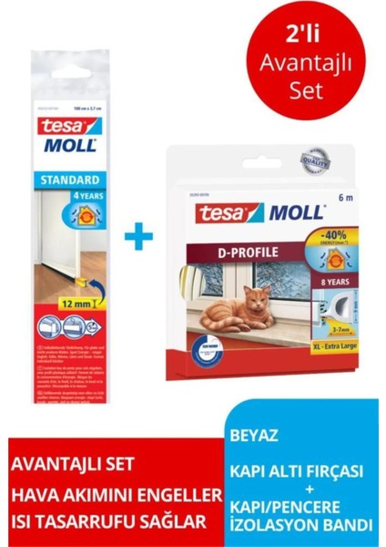 Tesamoll D-Profil  Kapı Pencere Izolasyon Bandı, 6MX9MMX7MM, Beyaz + Kapı Altı Hava Akımı Önleyici Fırça, 1MX37MM