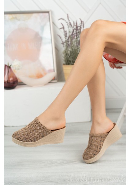 Dolgu Taban Ekose Örgü Burnu Kapalı Vizon Kadın Terlik modelleri