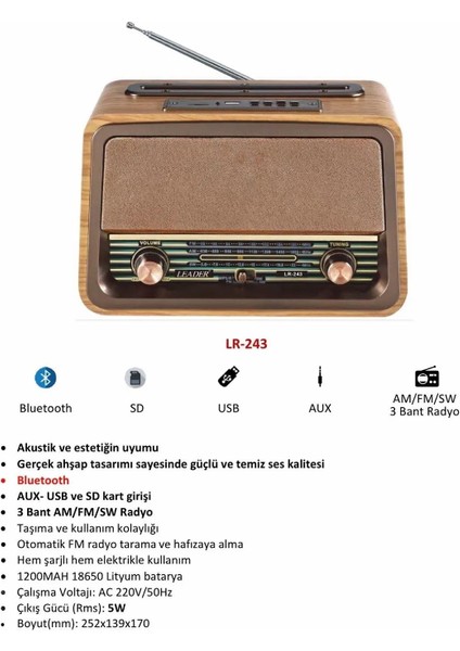 LR-243 Radio,bt,usb,tf Retro Müzik Kutusu