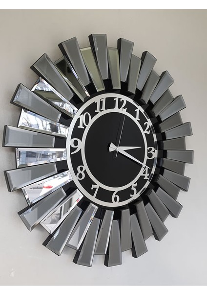 Güneş Twins Smoked Latin Black Model Gümüş Siyah Renk 70 Cm Dekoratif Aynalı Duvar Saati