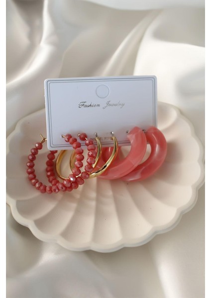 Kırmızı Kristal-Boncuklu Pembe ve Halka Üçlü Set Küpe
