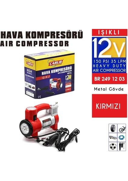 Carub Metal Gövdeli Lastik Hava Kompresörü Kırmızı Renk 12 Volt