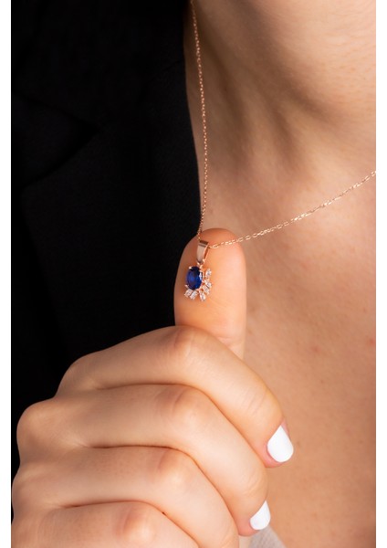 Kadın 925 Ayar Gümüş Oval Safir Taşlı Kolye