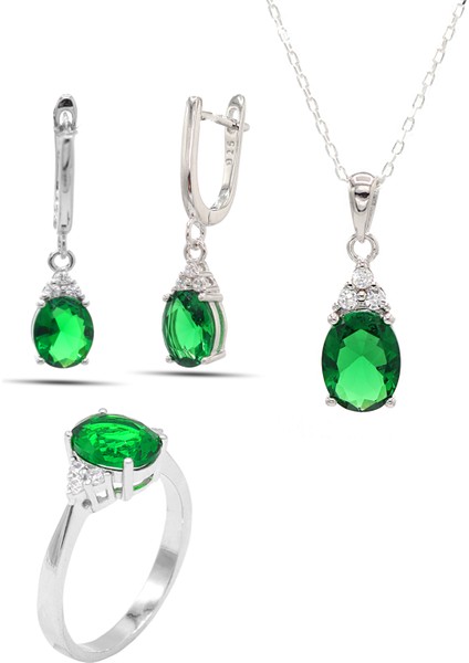Zümrüt Taşlı 925 Ayar Gümüş Üçlü Set 201021911
