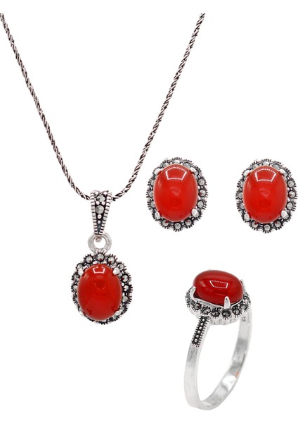 Akik ve Markazit Taşlı 925 Ayar Gümüş Üçlü Set 201021935