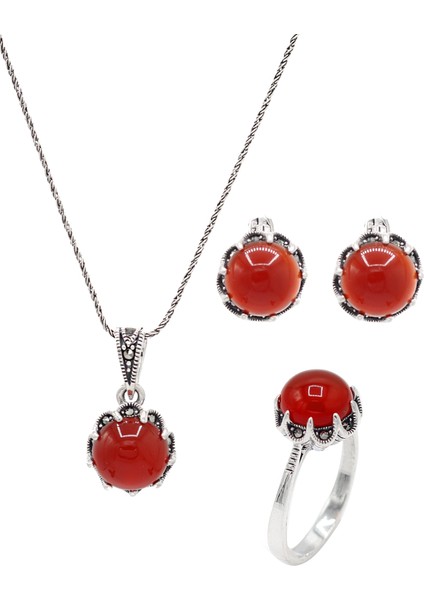 Akik ve Markazit Taşlı 925 Ayar Gümüş Üçlü Set 201021941