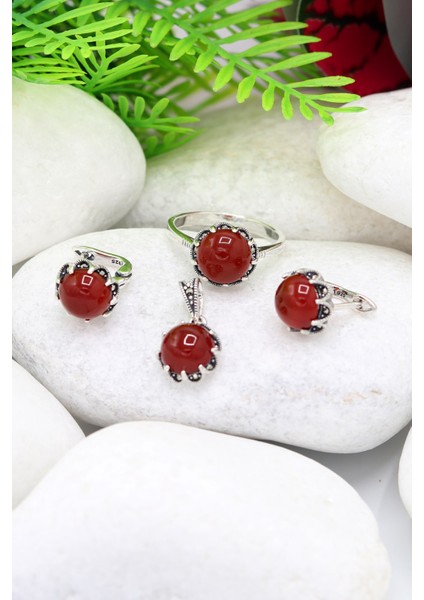 Akik ve Markazit Taşlı 925 Ayar Gümüş Üçlü Set 201021941