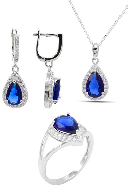 Safir Taşlı 925 Ayar Gümüş Üçlü Set 201021919