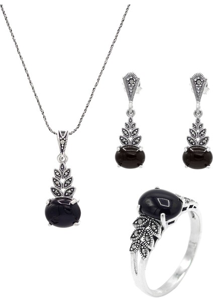Oniks ve Markazit Taşlı 925 Ayar Gümüş Üçlü Set 201021953