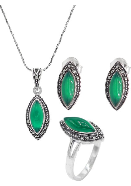 Zümrüt ve Markazit Taşlı 925 Ayar Gümüş Üçlü Set 201021928 fiyatları