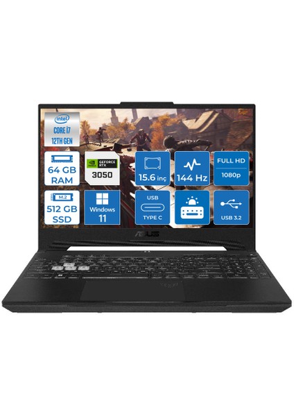 TUF Gaming F15 Intel Core i7 12700H 64GB 512GB SSD 4GB RTX3050 Windows 11 Pro 15.6" FHD 144Hz Taşınabilir Bilgisayar FX507ZC4-HN00921