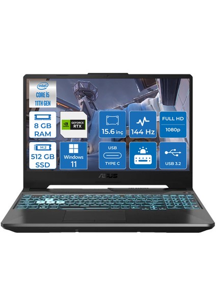 TUF Gaming F15 Intel Core i5 11400H 8GB 512GB SSD 4GB RTX2050 Windows 11 Home 15.6" FHD 144Hz Taşınabilir Bilgisayar FX506HF-HN02802