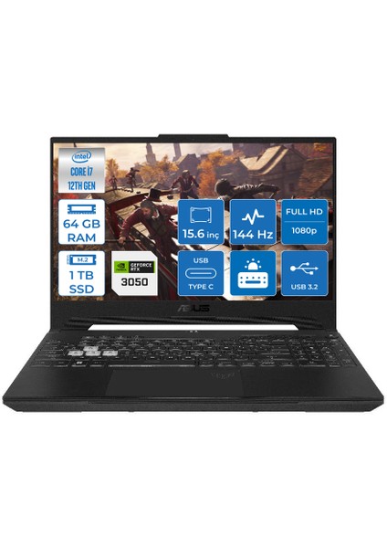 TUF Gaming F15 Intel Core i7 12700H 64GB 1TB SSD 4GB RTX3050 Freedos 15.6" FHD 144Hz Taşınabilir Bilgisayar FX507ZC4-HN00922