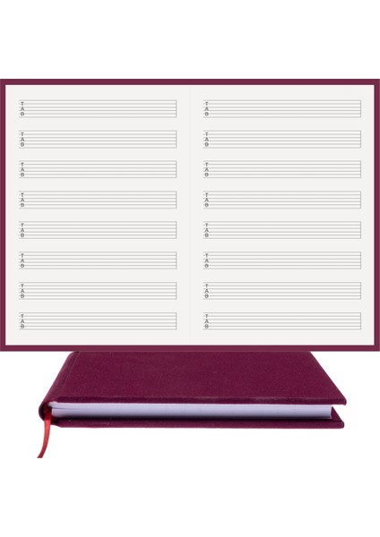 Gitar Nota Defteri - TAB Anahtarlı, Sağ Kesik Çizgili 6 Çıtalı - %100 El Yapımı, El Dikişi (İplik Dikiş) 1. Sınıf Viskon Kumaş Ciltli "Benzersiz Ürün" A/5 Bordo