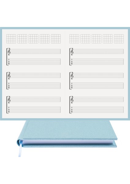 Gitar Nota Defteri - Sol ve TAB Anahtarlı AKORTLU - %100 El Yapımı, El Dikişi (İplik Dikiş) 1. Sınıf Viskon Kumaş Ciltli "Benzersiz Ürün" A/5 Turkuaz