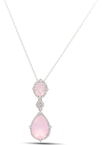 Pembe Kuvars ve Zirkon Taşlı 925 Ayar Gümüş Bayan Kolye 201021885