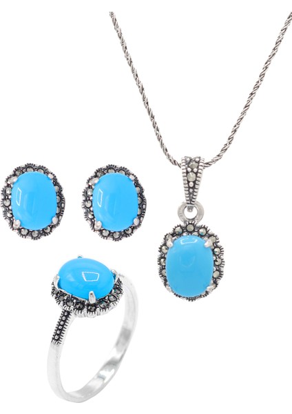 Firuze ve Markazit Taşlı 925 Ayar Gümüş Üçlü Set 201021925