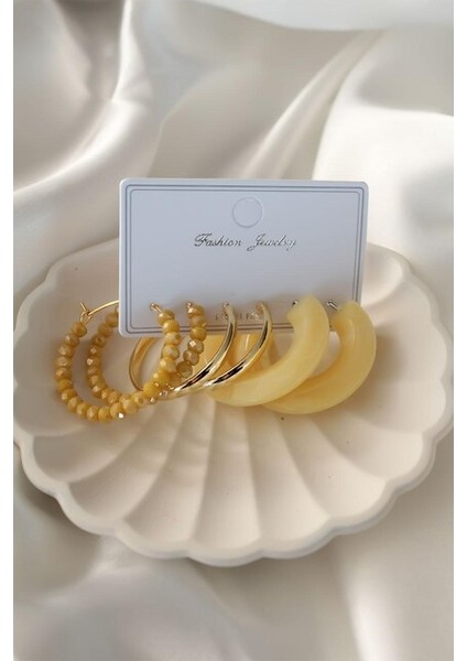Sarı Kristal-Boncuklu Sarı ve Halka Üçlü Set Küpe