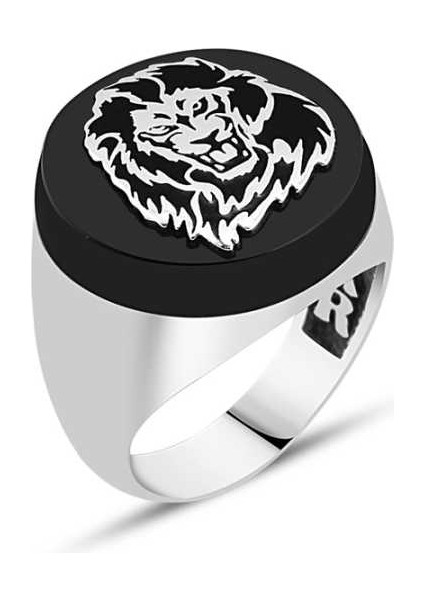 Oniks Taş Üzeri Aslan Sembollü Erkek Yüzük