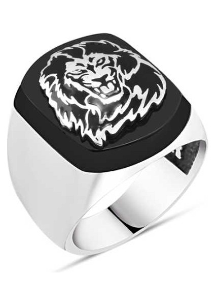 Oniks Taş Üzeri Gümüş Aslan Başı Erkek Yüzük