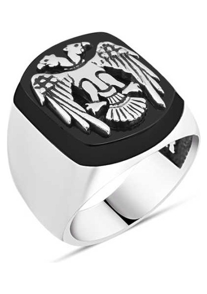 Oniks Taş Üzeri Gümüş Selçuklu Kartal Erkek Yüzük