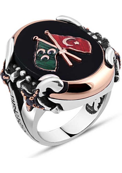 Oniks Üstü Osmanlı ve Türk Bayraklı Yanları Kılıçlı Erkek Yüzük