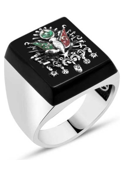 Oniks Taş Üzeri Osmanlı Armalı Erkek Yüzük