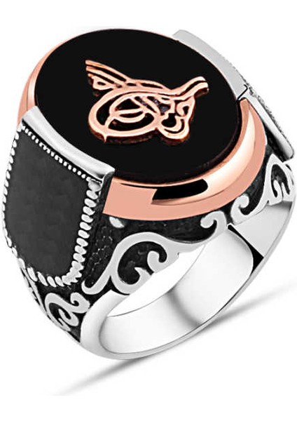 Oniks Taş Üzeri Osmanlı Tuğra Yanları Minik Zirkon Taşlı Erkek Yüzük