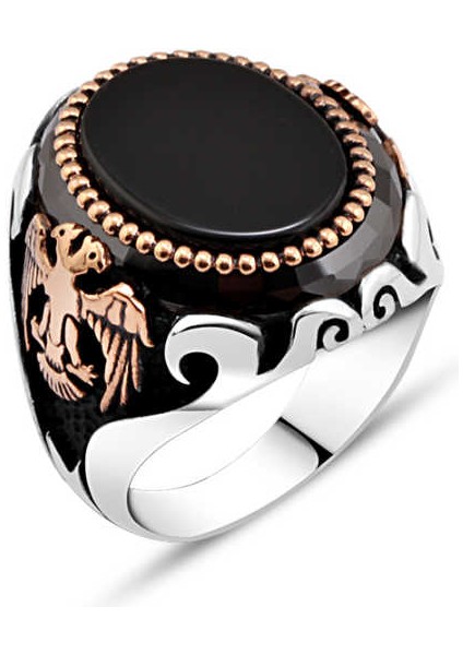 Oniks Taşlı Yanları Selçuklu Karatalı Erkek Yüzük