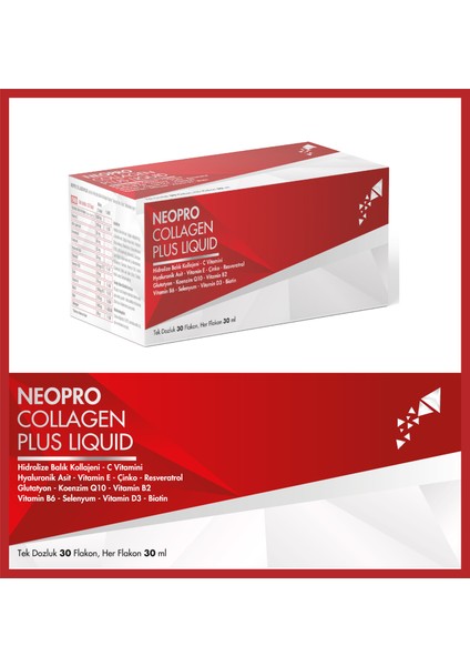 NEOPRO Kolajen Plus Likit 30'lu flakon - Hidrolize Balık Kolajeni, C vitamini, Hyaluronik asit, Çinko, Vitamin B6, Vitamin E fiyatları