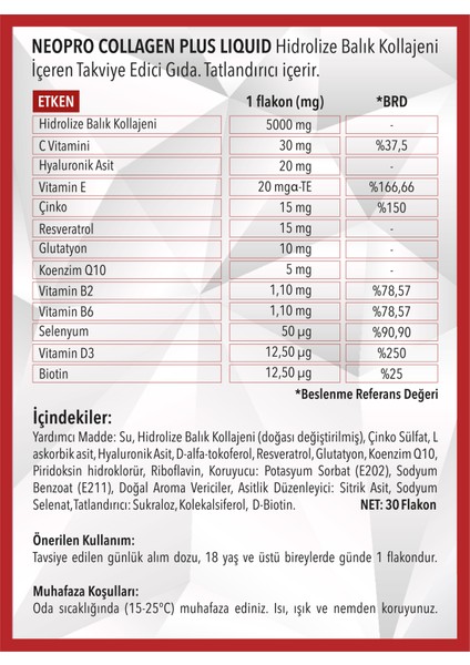 NEOPRO Kolajen Plus Likit 30'lu flakon - Hidrolize Balık Kolajeni, C vitamini, Hyaluronik asit, Çinko, Vitamin B6, Vitamin E modelleri